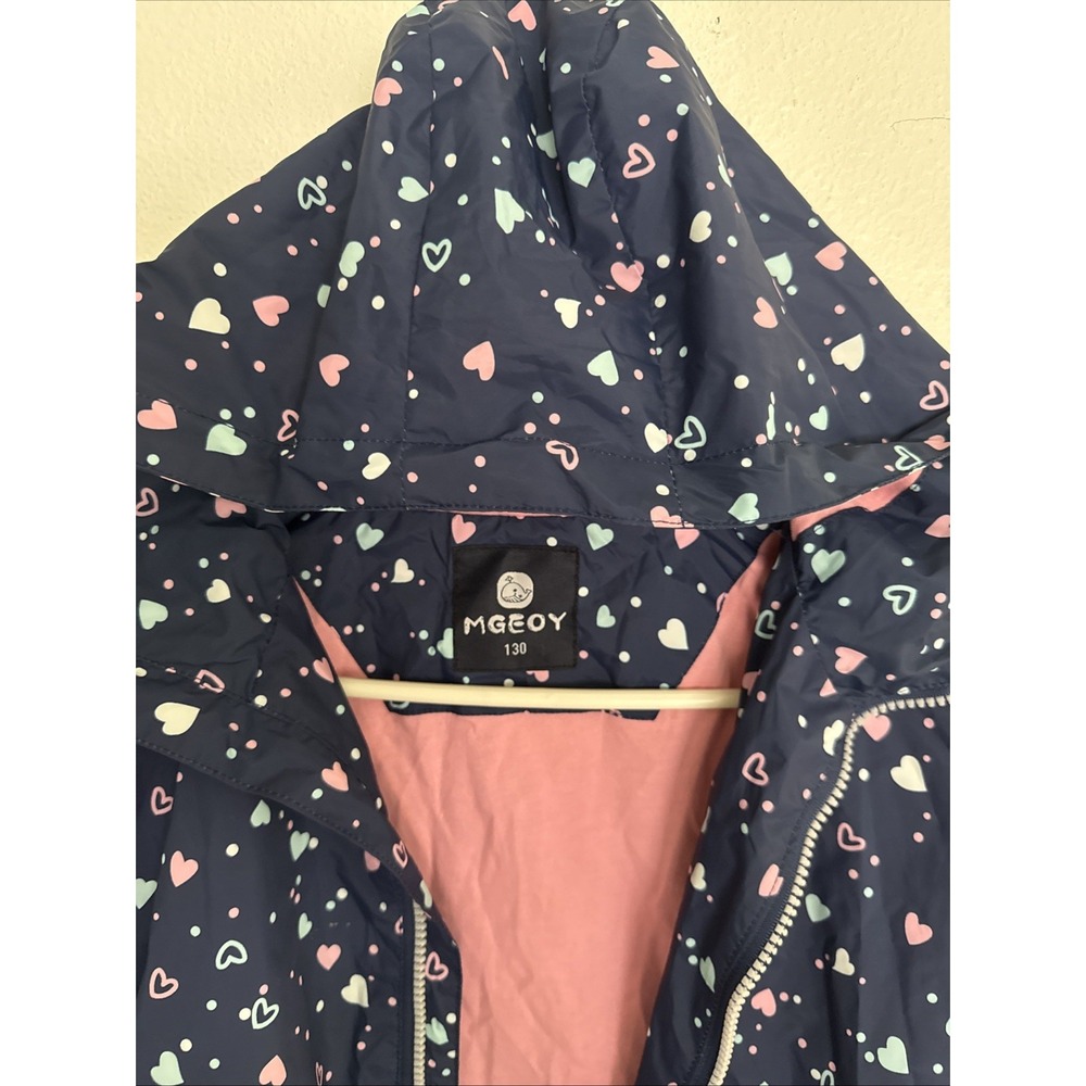 MGEOY Girls Lightweight Waterproof Hooded Rain Jacket Navy Hearts Sz 7-8 - Picture 2 of 7
